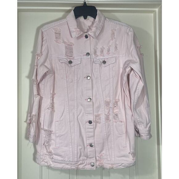 Hot & Delicious Denim Jacket Womens Size Small Pink OversizedDistressed ButtonUp - Picture 3 of 11
